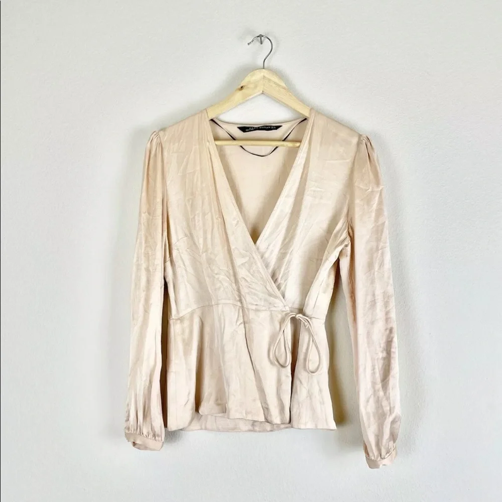 Zara Blouse Small Womens Pink Satin V-Neck Long Sleeve Genuine Wrap Top Viscose - Picture 4 of 12
